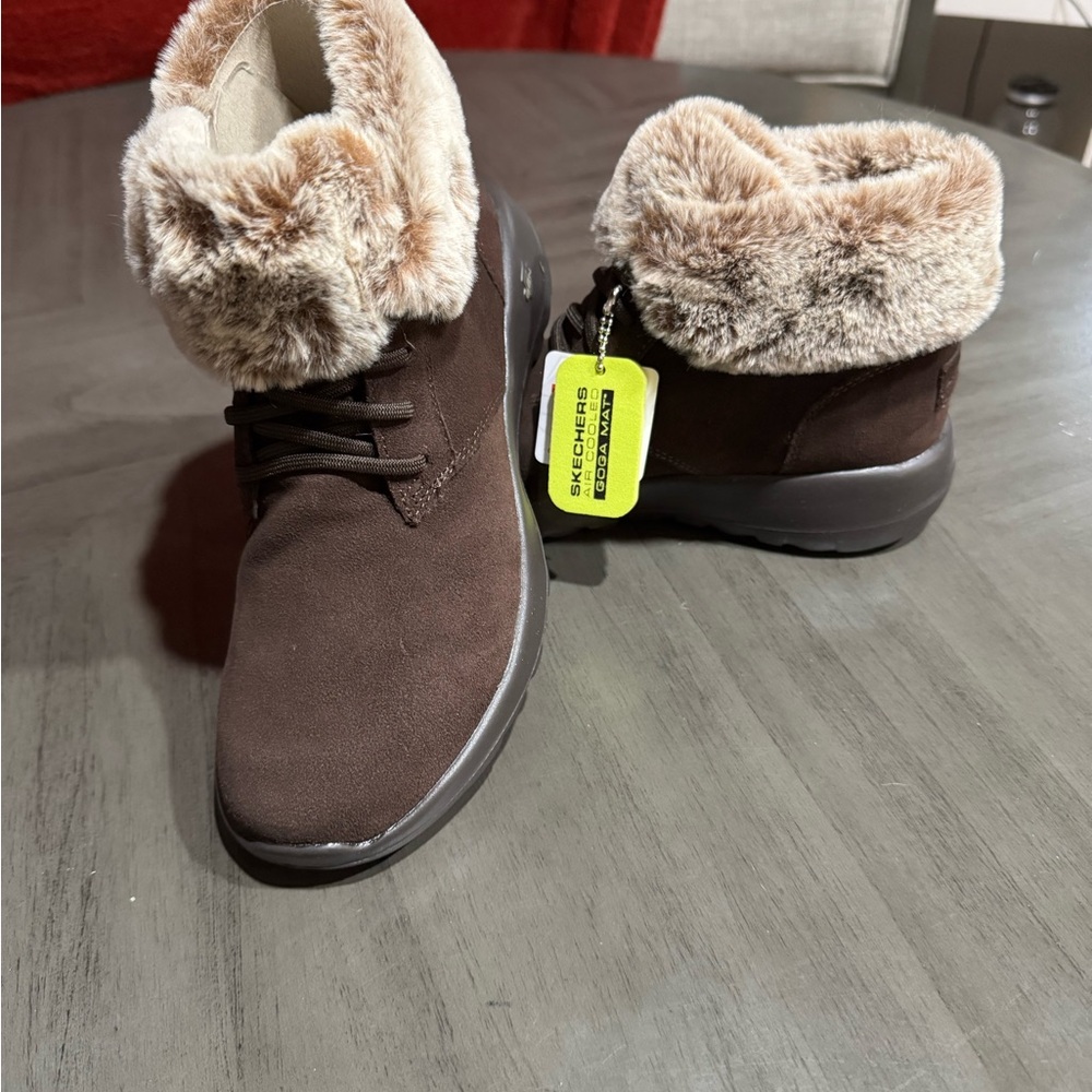 Skechers Dark Brown Faux Fur Cuff Lace-Up Ankle Boots